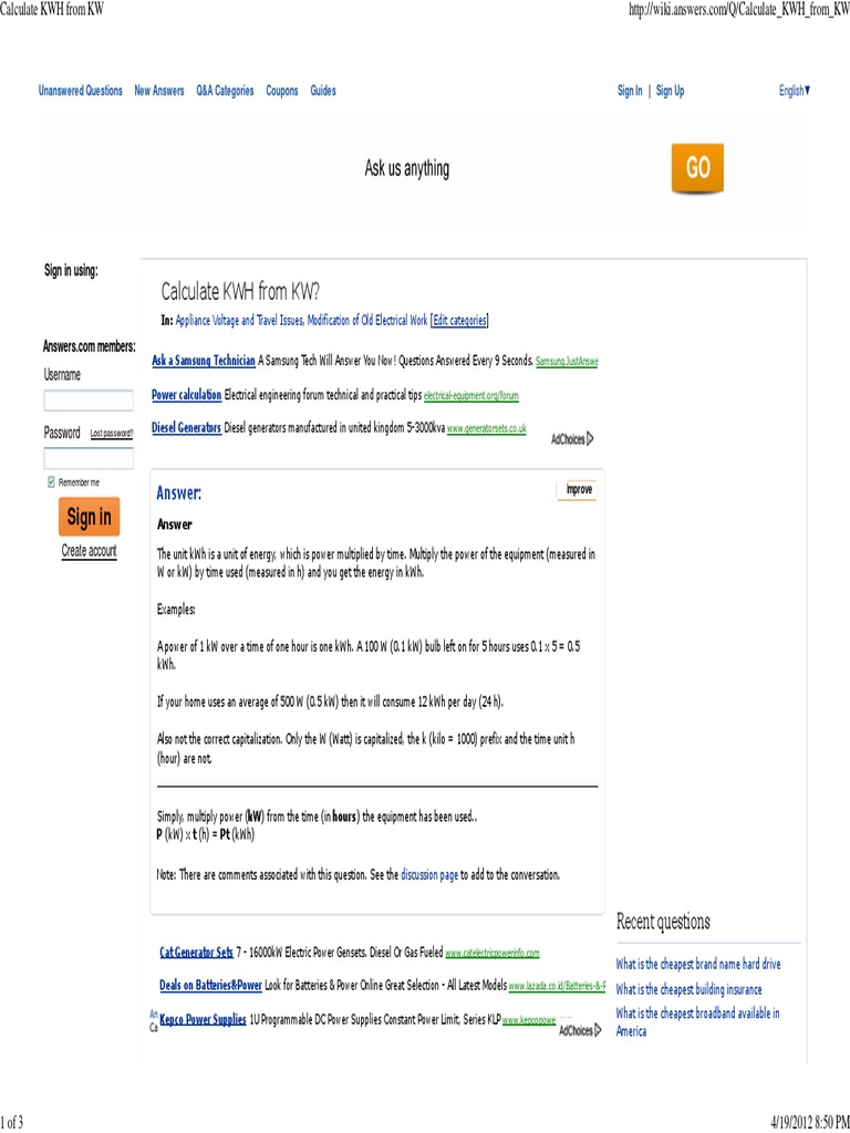 Calculate KWH From KW?: Sign in | PDF | Kilowatt Hour | Watt
