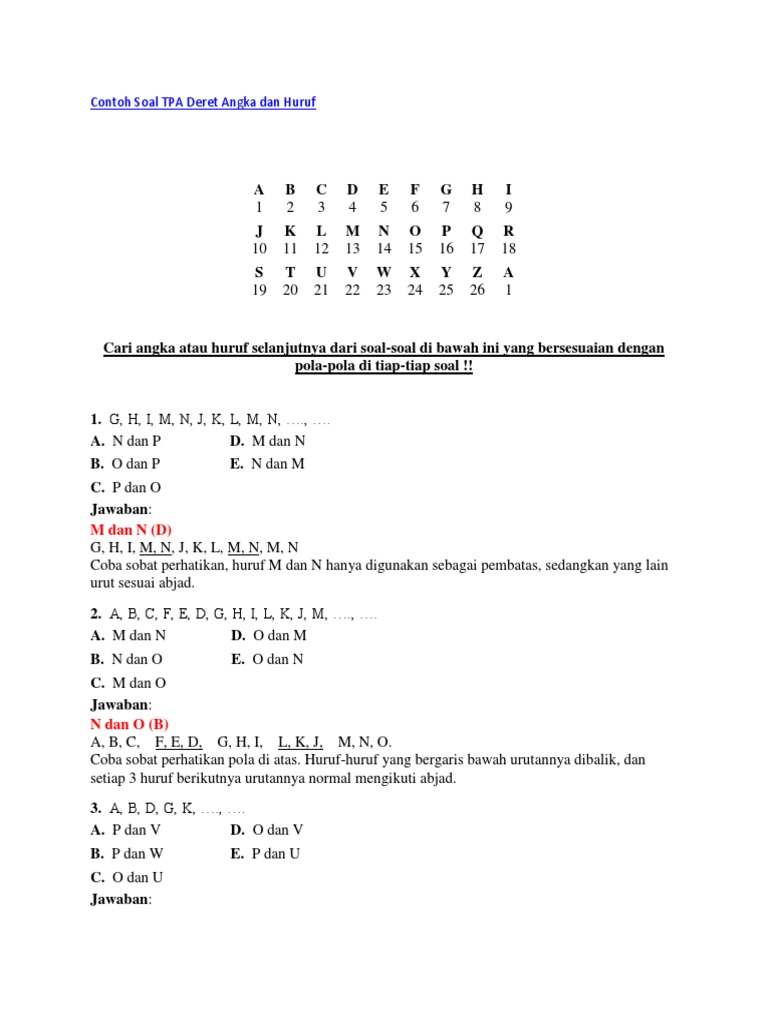 Contoh Soal Tpa Deret Angka Dan Huruf