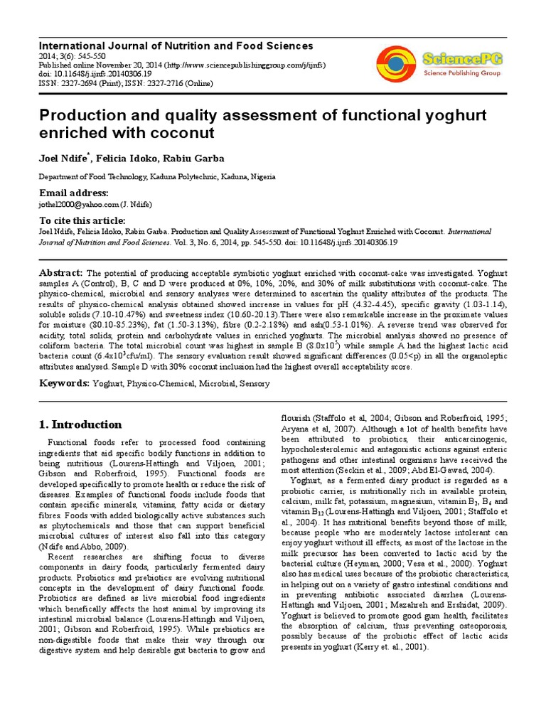 Coconut-Enriched Functional Yoghurt Study | PDF | Yogurt | Milk