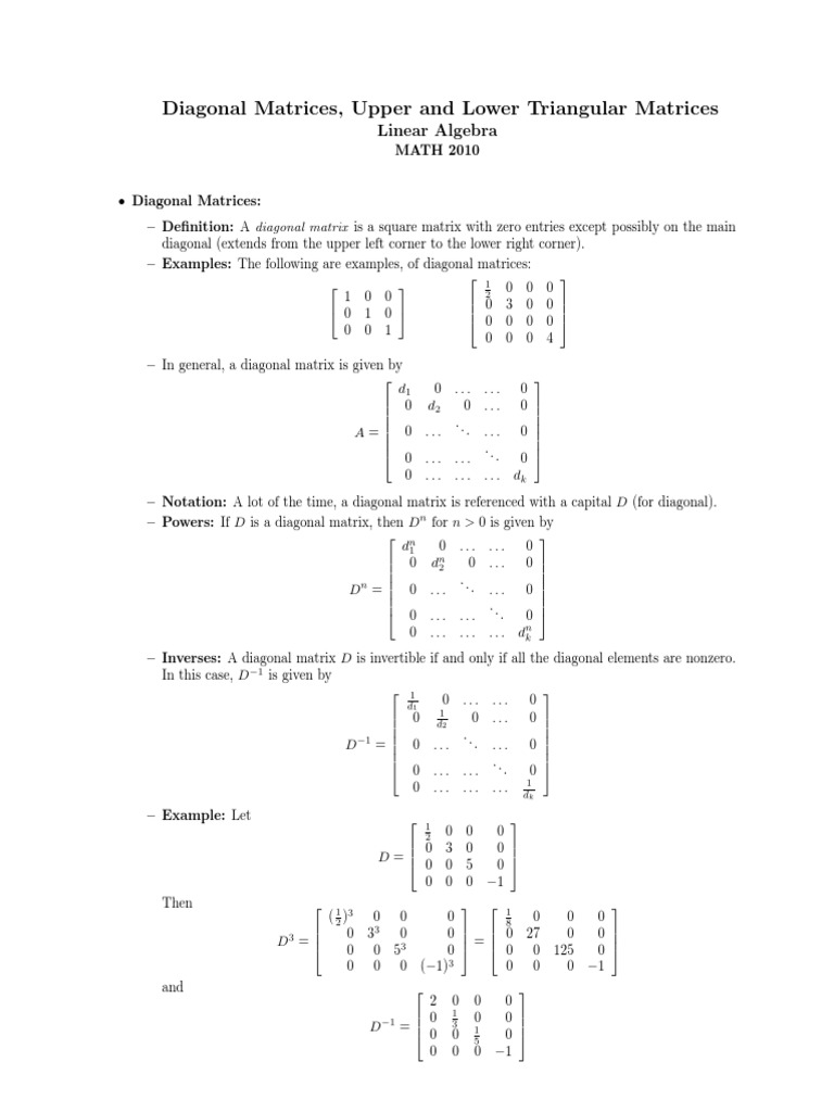Diagonal Matrices, Upper and Lower Triangular Matrices: Linear Algebra ...