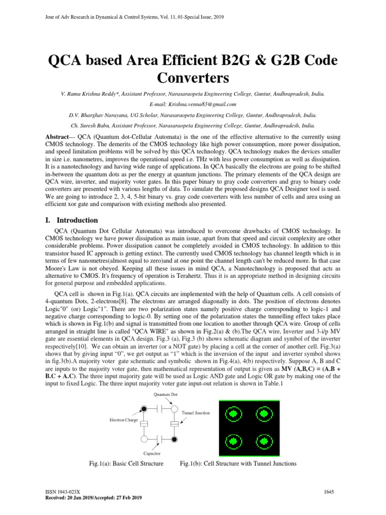 QCA Based Area Efficient B2G & G2B Code Converters PDF Logic Gate