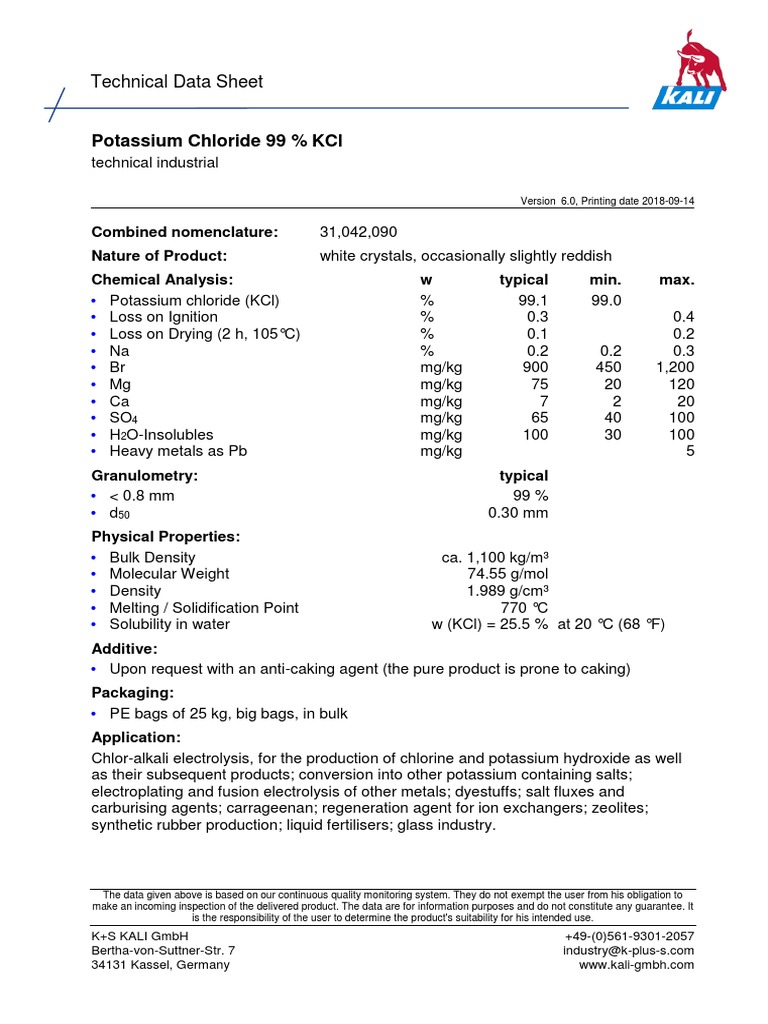 Potassium Chloride Technical Data Sheet | PDF | Potassium Chloride ...