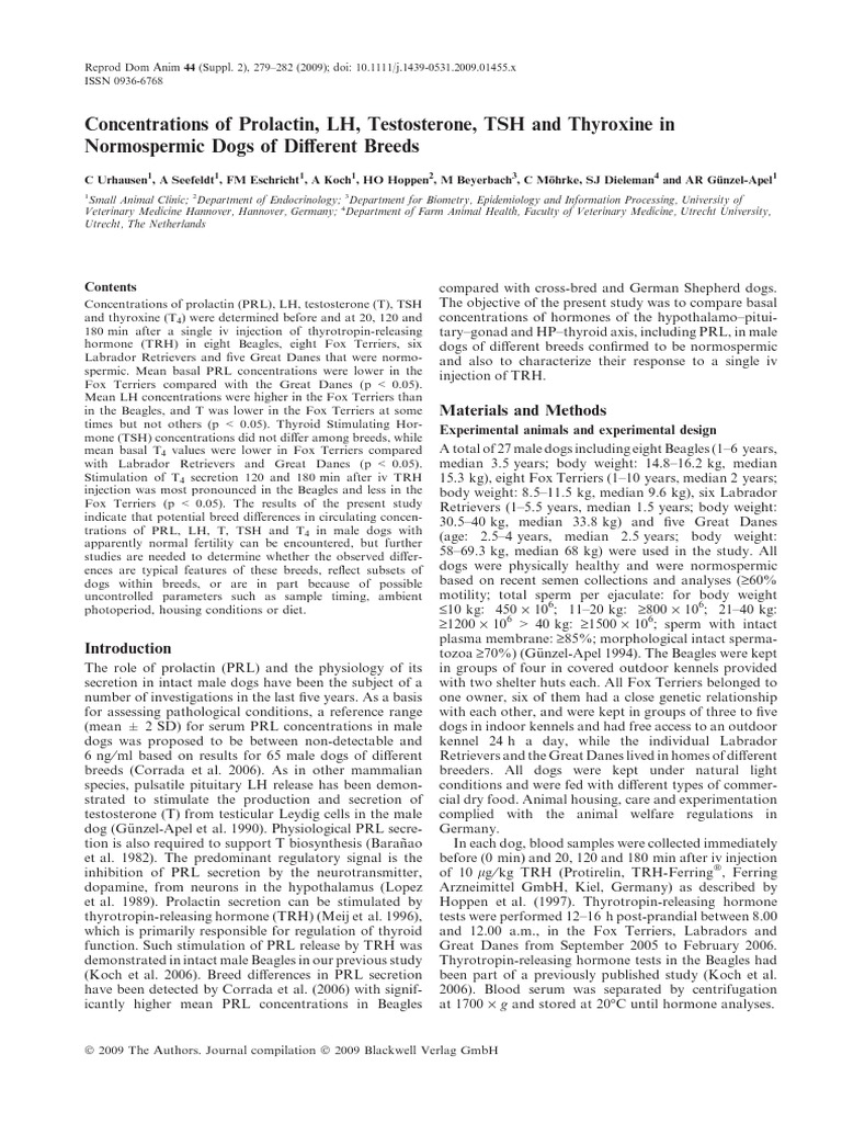 Concentrations of Prolactin, LH, Testosterone, TSH and Thyroxine in ...