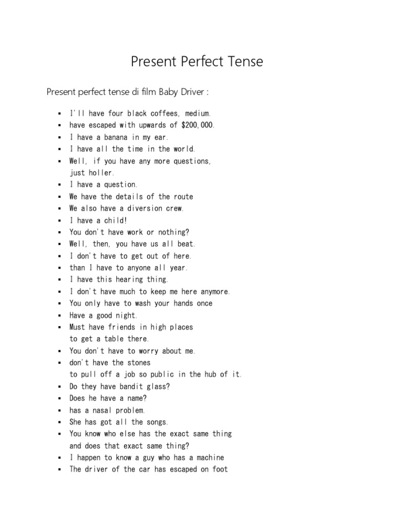 Present Perfect Tense Examples in Baby Driver | PDF