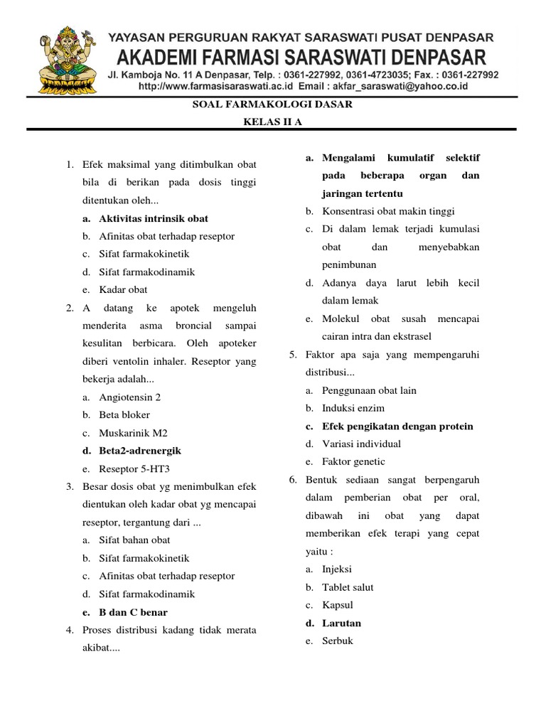Soal Farmakologi Dasar Farmakodinamik Famakokinetik