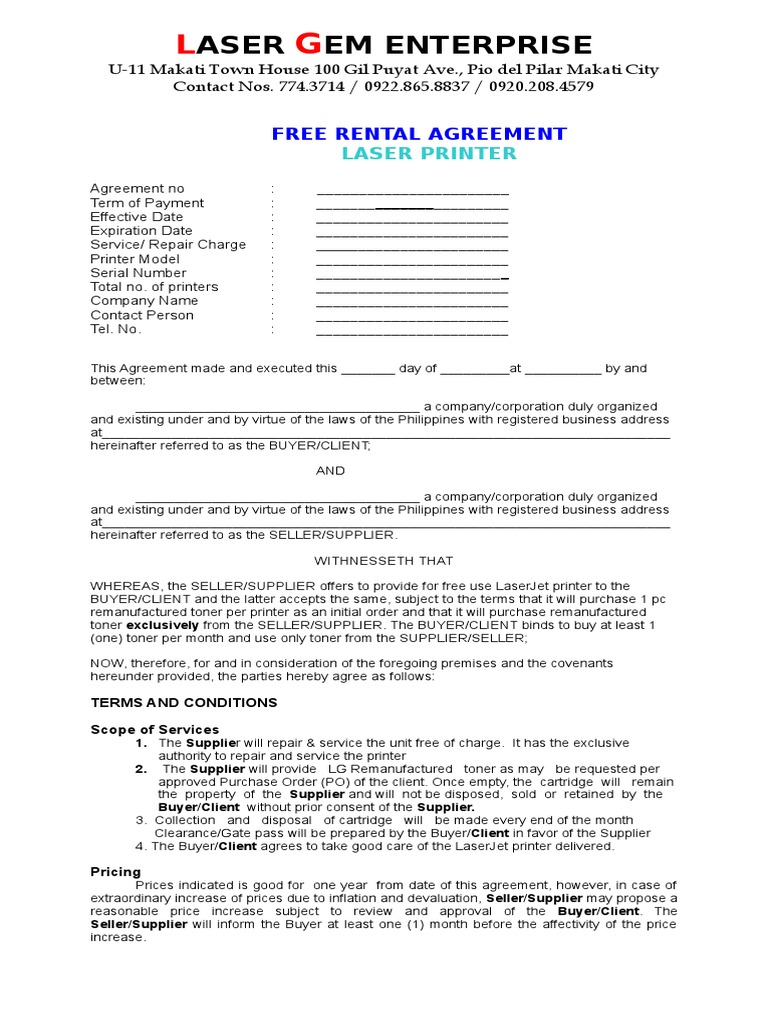 3 Free Rental Sample Contract | PDF | Printer (Computing) | Prices