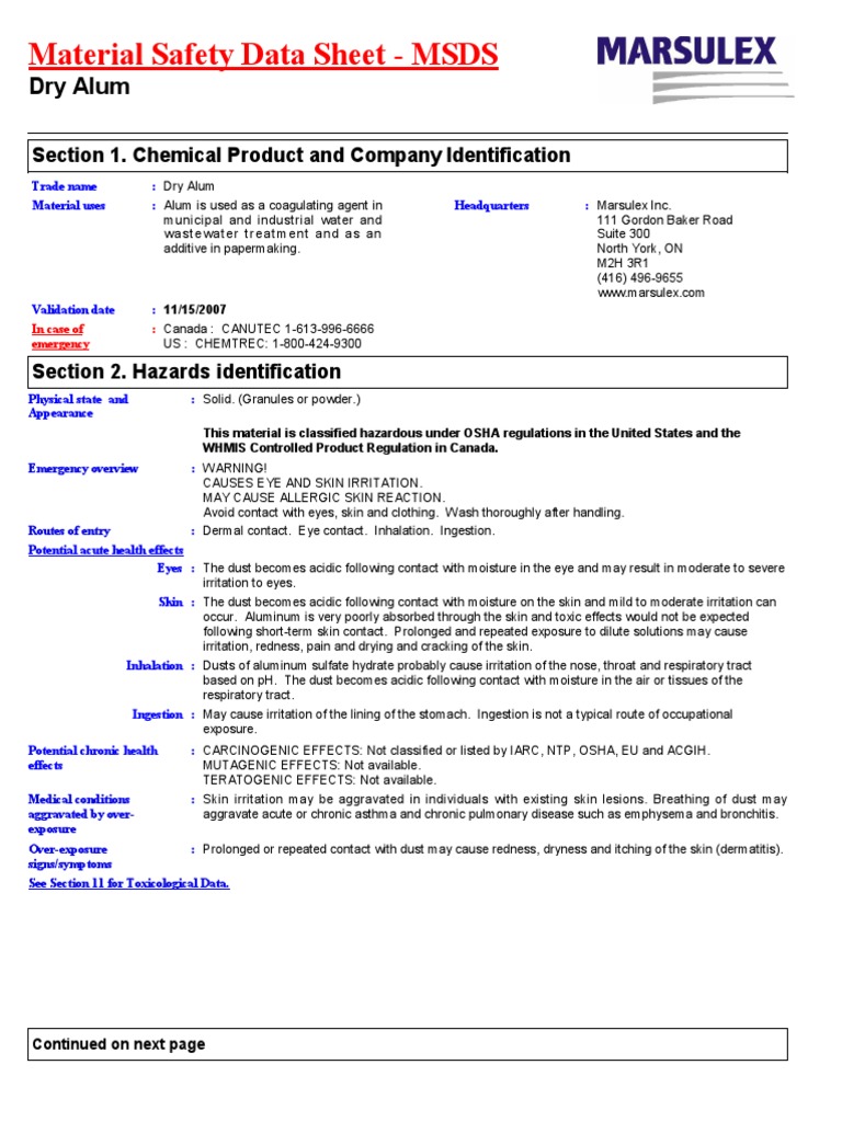 MSDS Summary Dry Alum Powder Coagulant PDF Dangerous Goods Toxicity