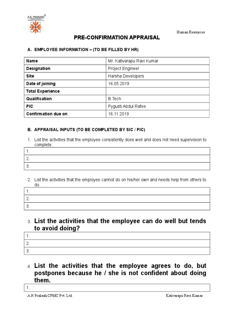 Pre-Confirmation Appraisal Form | PDF | Human Resource Management ...