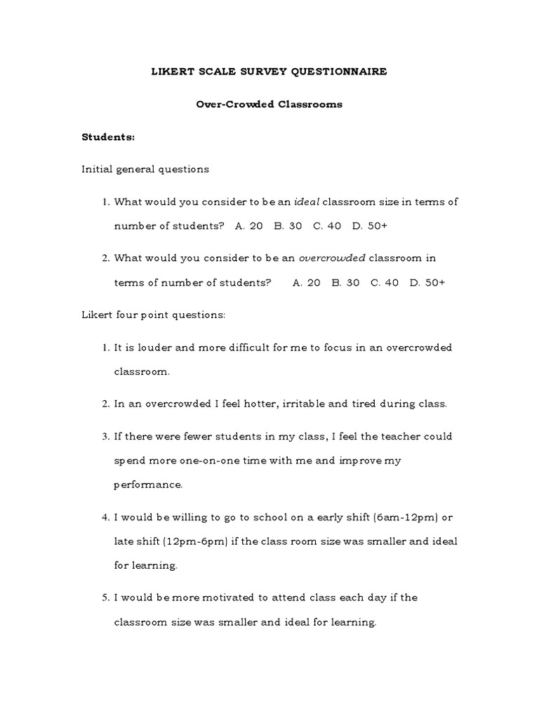 Classroom Size Impact Survey Questionnaire | PDF | Likert Scale | Classroom