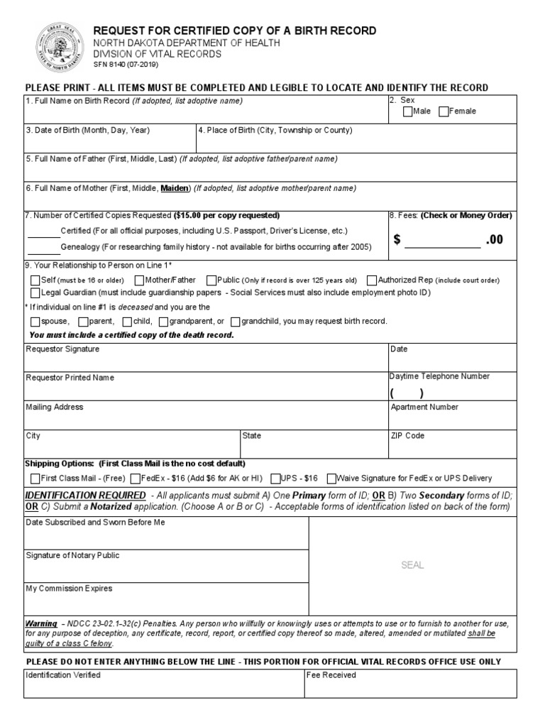 Request For Certified Copy of A Birth Record North Dakota Department