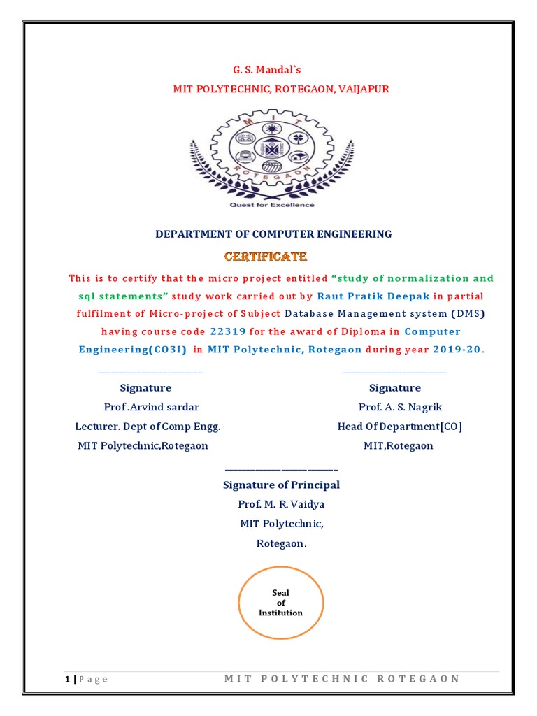 DMS Project Certificate - MIT Rotegaon | PDF