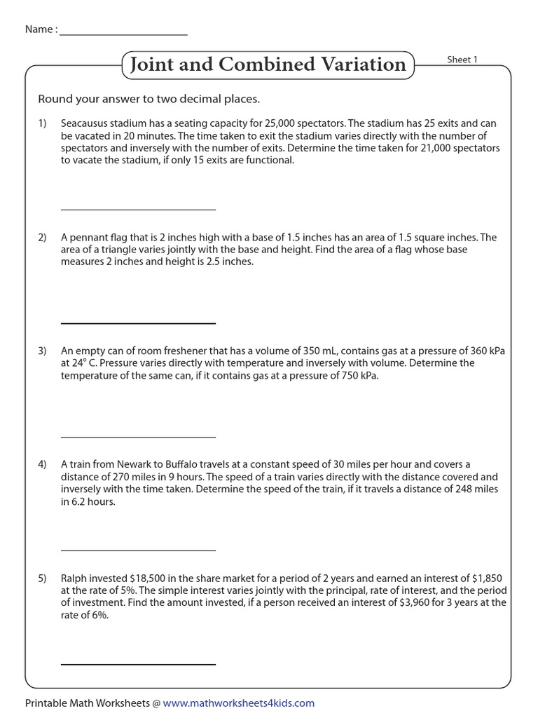 Joint and Combined Variation Round Your Answer To Two Decimal Places PDF Speed Pressure