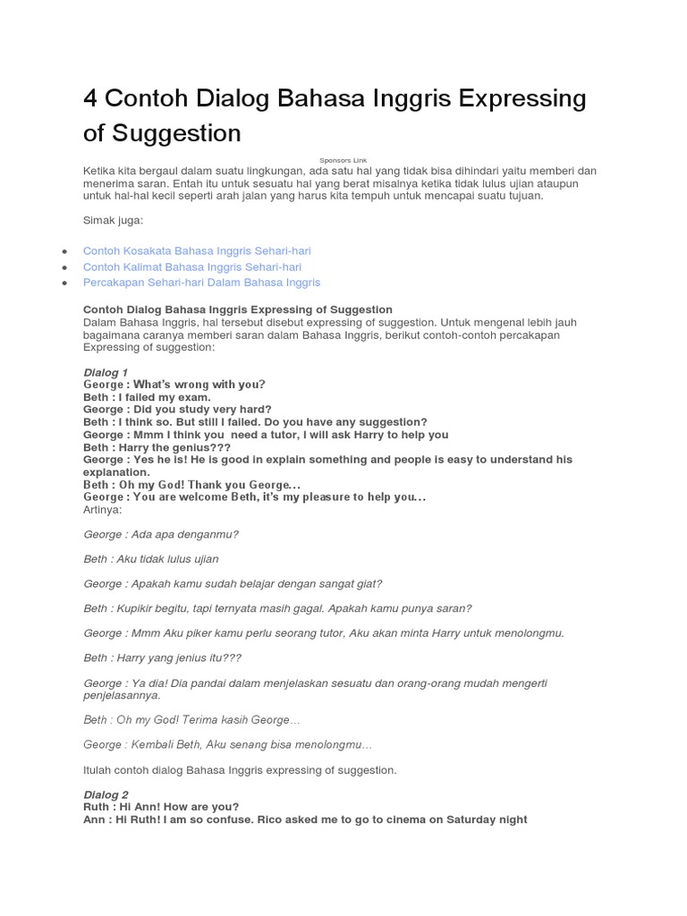 4 Contoh Dialog Bahasa Inggris Expressing Of Suggestion Pdf