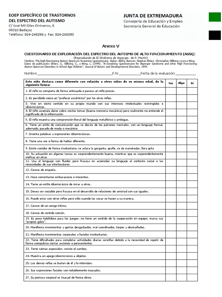 Cuestionario ASSQ para Autismo Infantil | PDF | Síndrome de Asperger ...