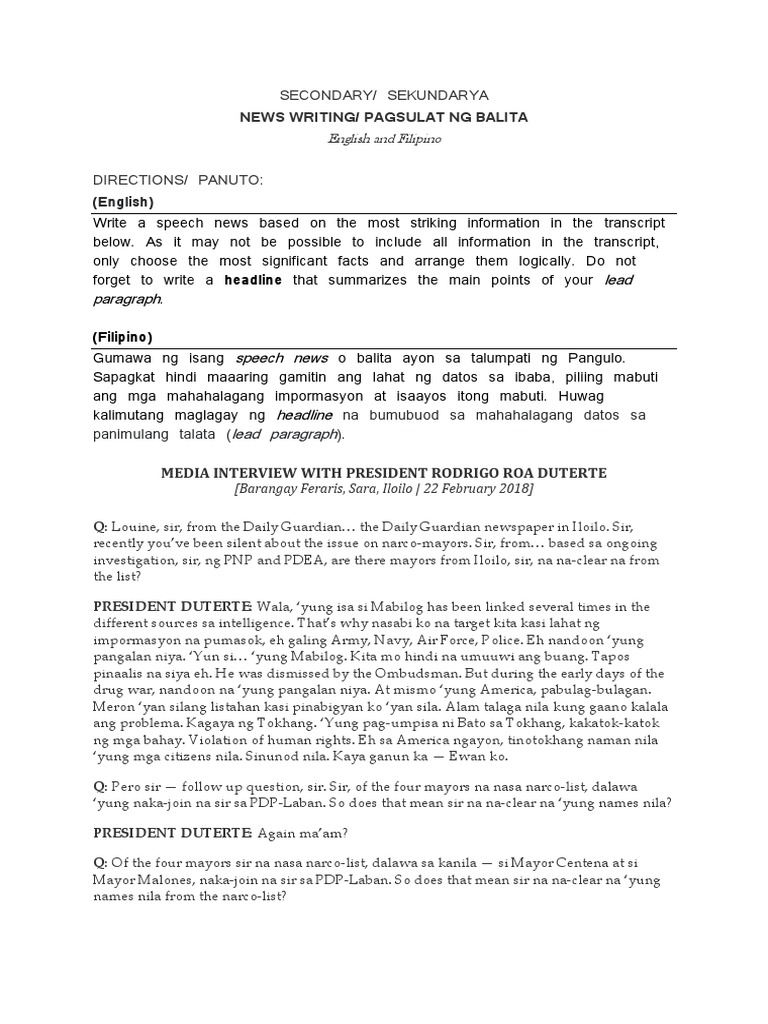 Lead Paragraph: News Writing/ Pagsulat NG Balita | PDF | Rodrigo ...