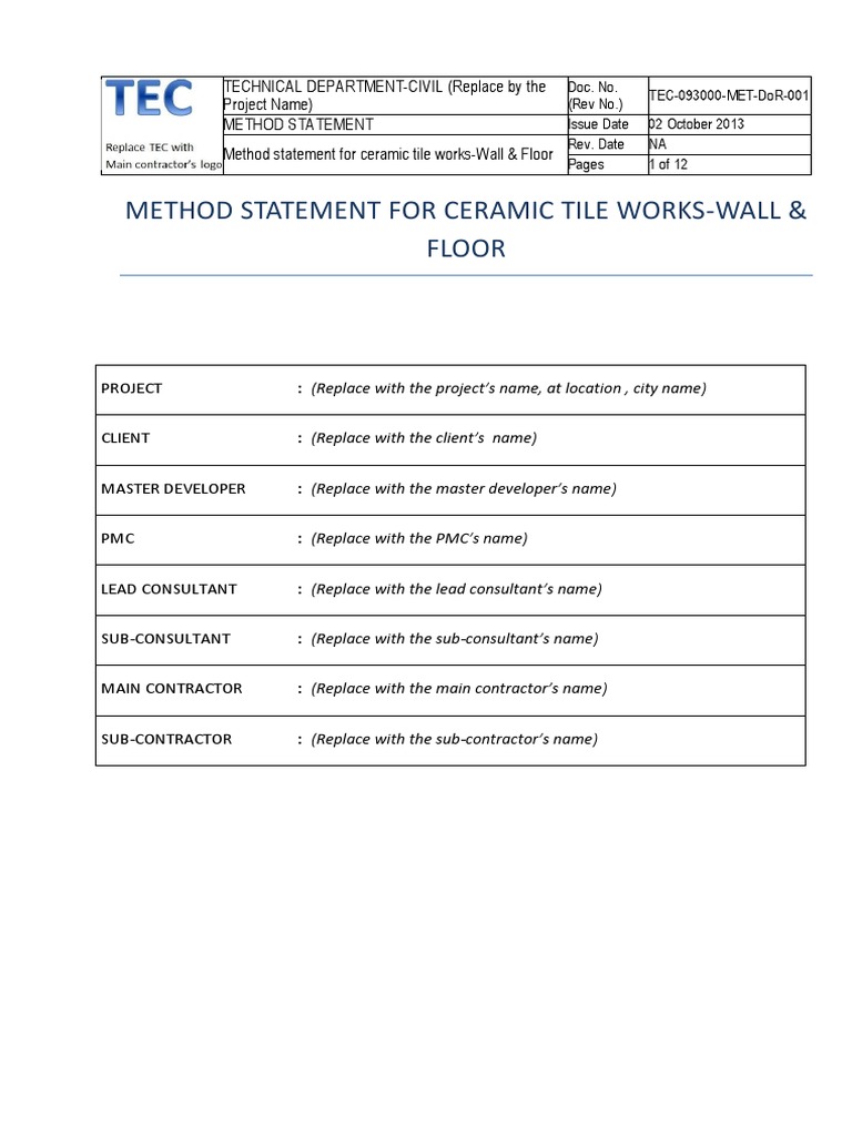 Tec 093000 Met Dor 001 Method Statement For Ceramic Tiles Wall Floor