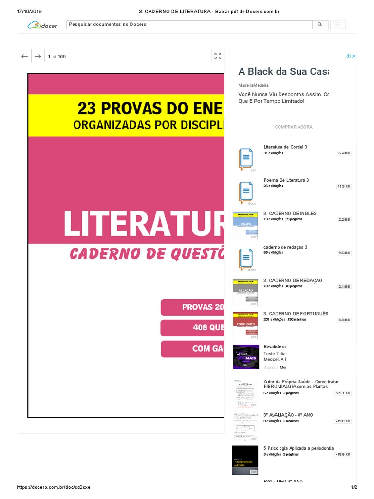 CADERNO DE LITERATURA COM QUESTÕES DE PROVAS DO ENEM DE 2009 A 2018 ...