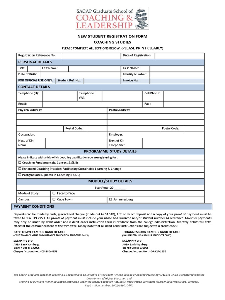 SACAP Coaching Registration Form | PDF | Cheque | Payments