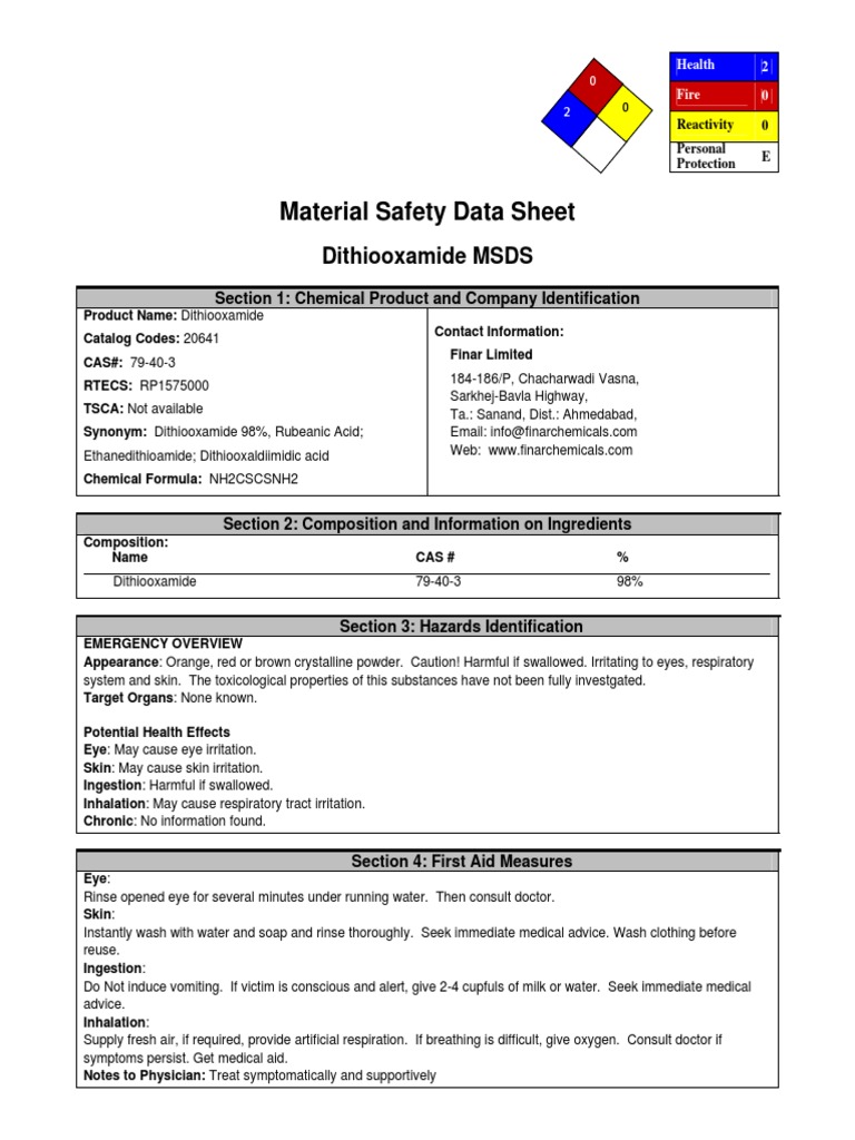 Material Safety Data Sheet for Dithiooxamide | PDF | Personal ...