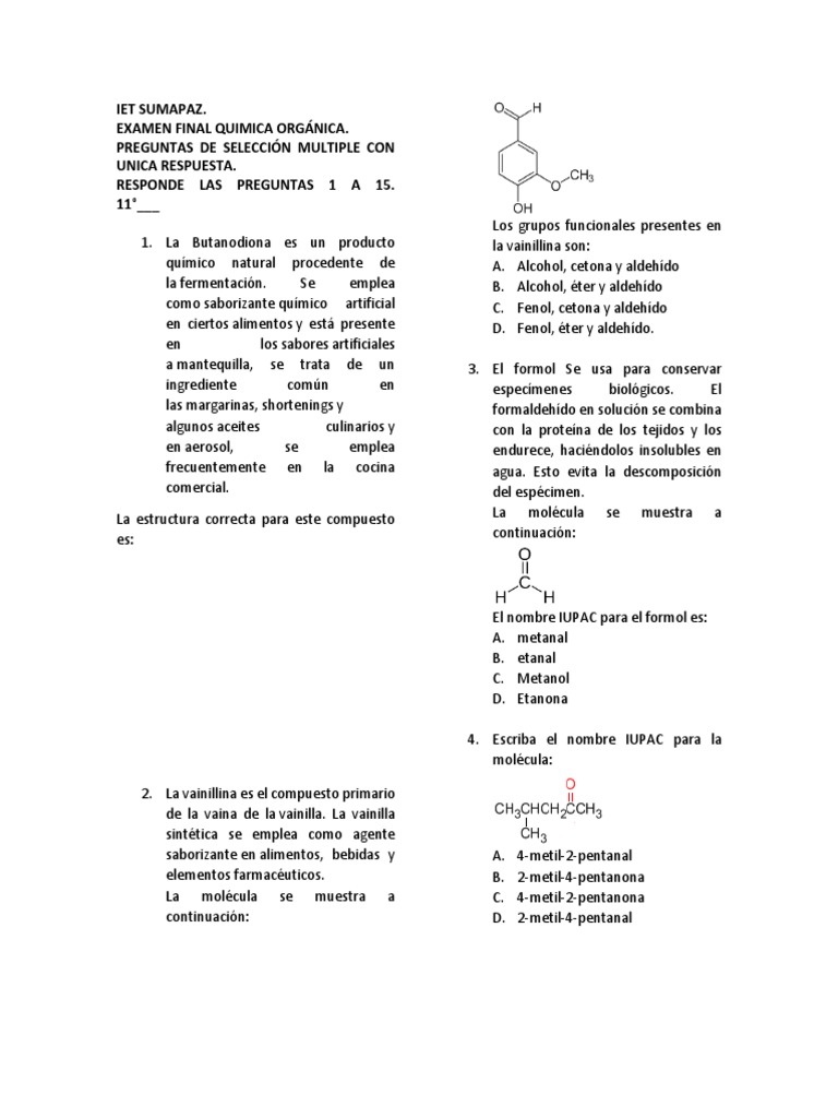 Iet Sumapaz. Examen Final Quimica Orgánica. Preguntas De