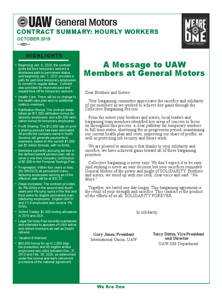UAW contract summary with GM Apprenticeship Temporary Work