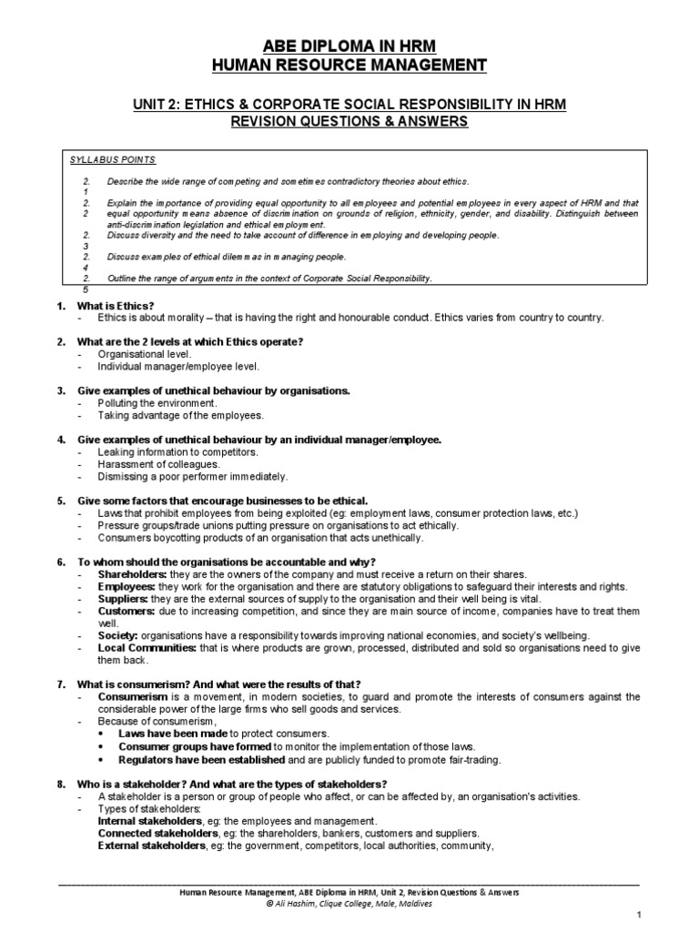 HRM Unit 2 - Revision Q&A | PDF | Whistleblower | Corporate Social ...