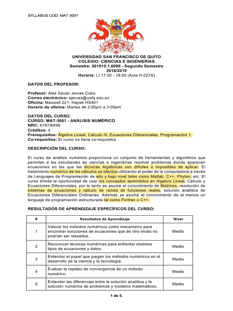 Numerical Analysis Syllabus PDF PDF Ecuaciones diferenciales