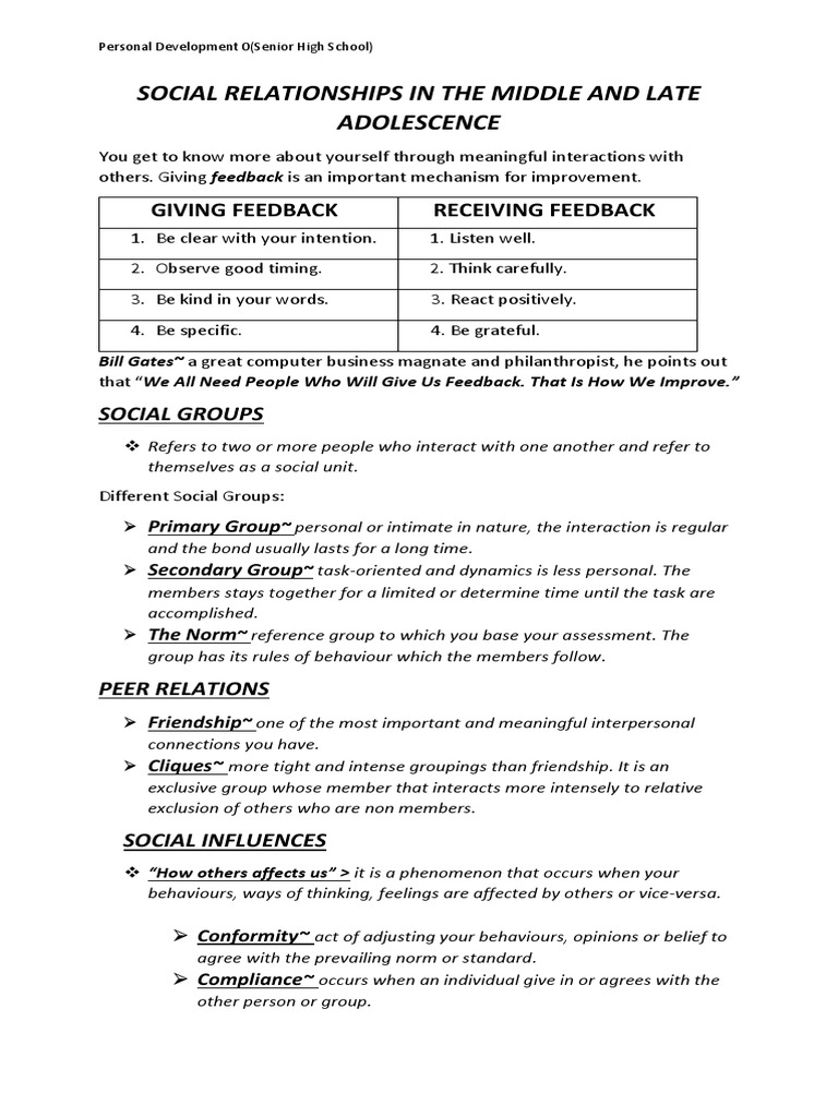 Social Relationships in Middle and Late Adolescence | PDF | Social ...