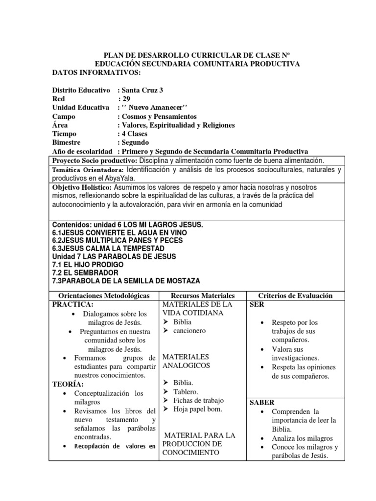PLAN de CLASE 1 y 2 Secundaria | PDF | Milagro | Biblia