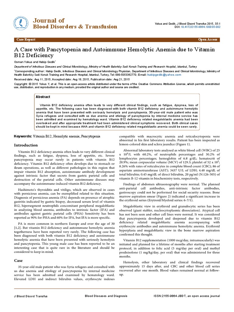 A Case With Pancytopenia and Autoimmune Hemolytic Anemia Due To Vitamin