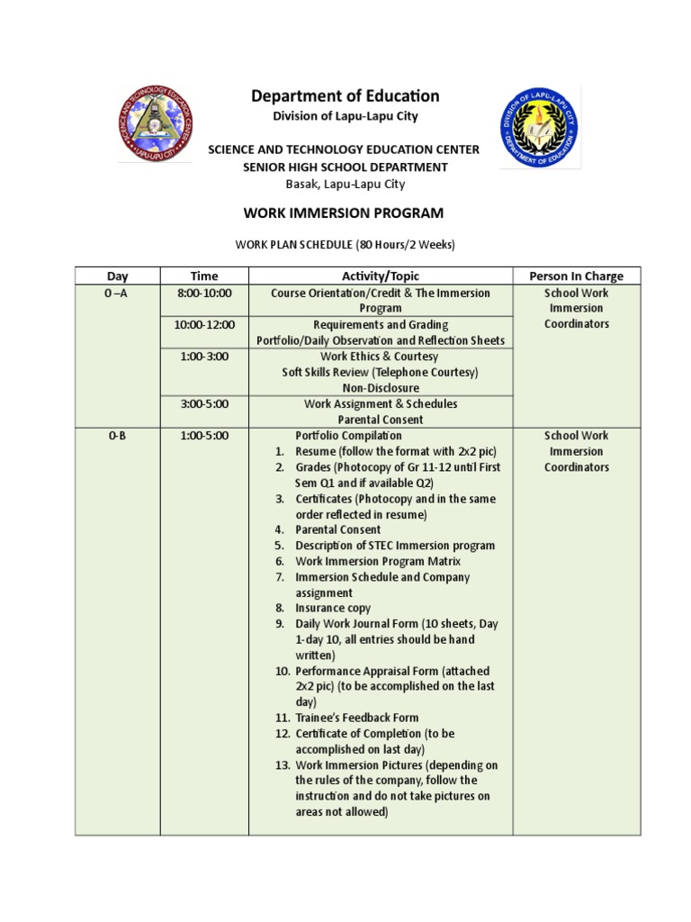 Work Immersion Program Schedule | PDF | Behavior Modification | Learning