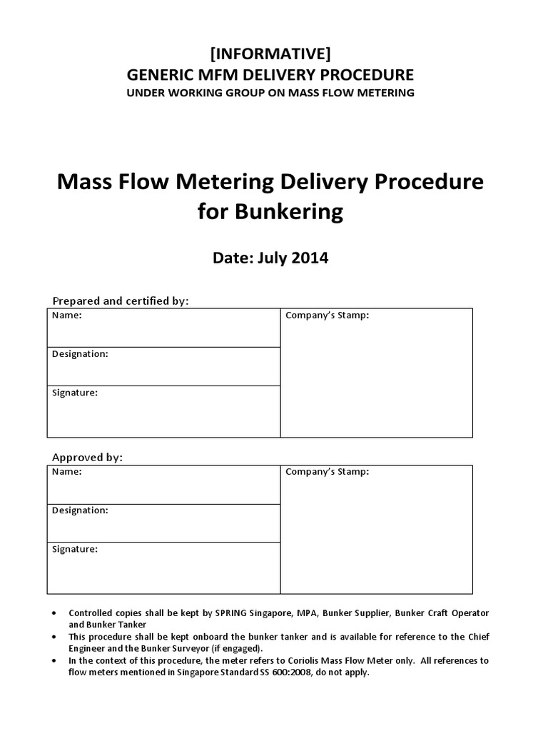 Mass Flow Metering Delivery Procedure For Bunkering PDF Oil Tanker