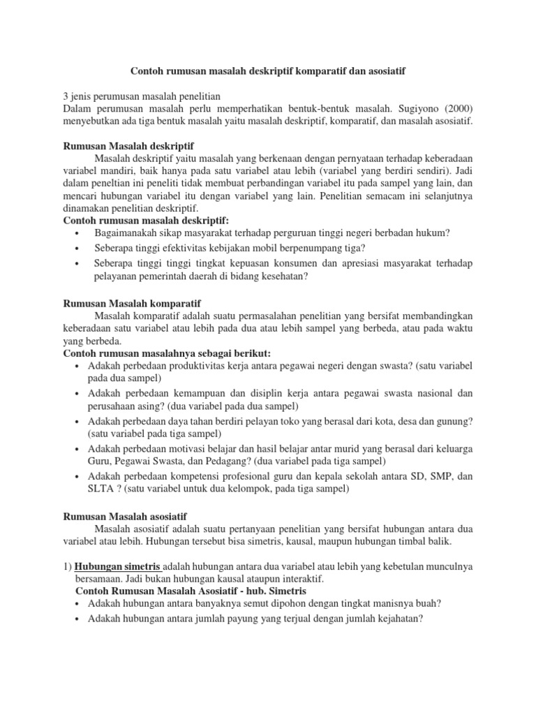 Contoh Rumusan Masalah Deskriptif Komparatif Dan Asosiatif