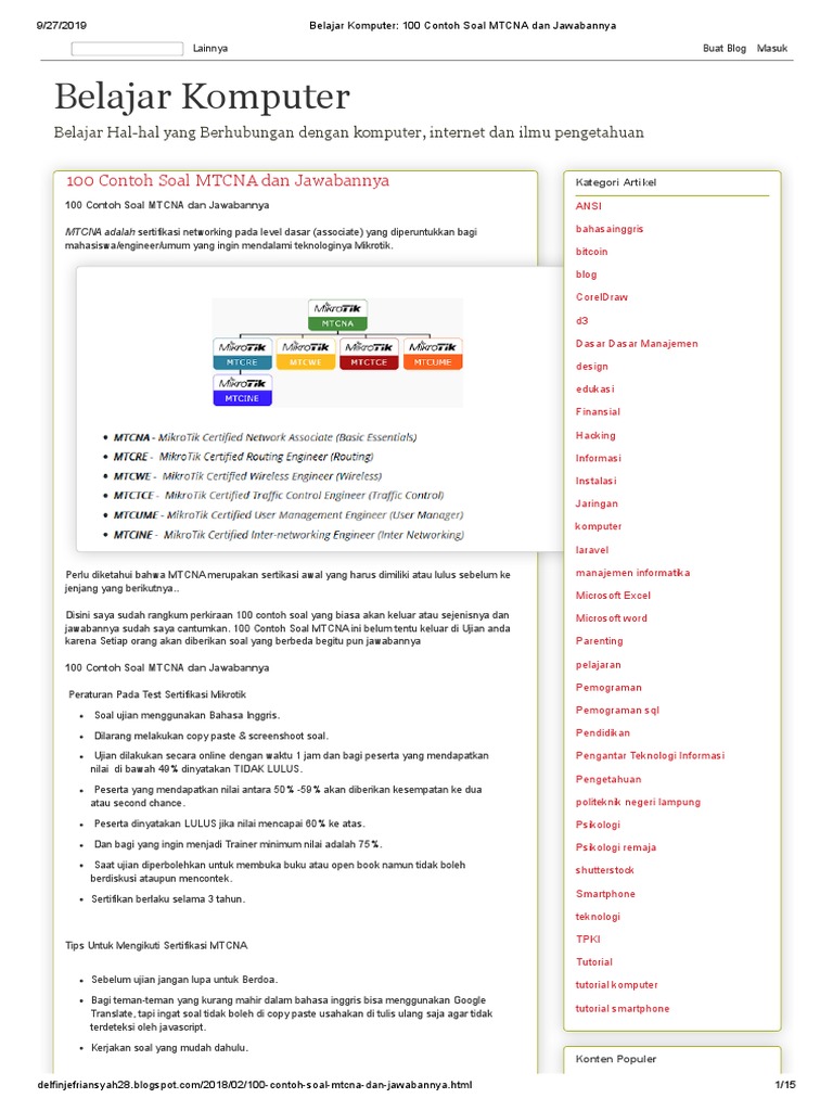 Belajar Komputer 100 Contoh Soal Mtcna Dan Jawabannya