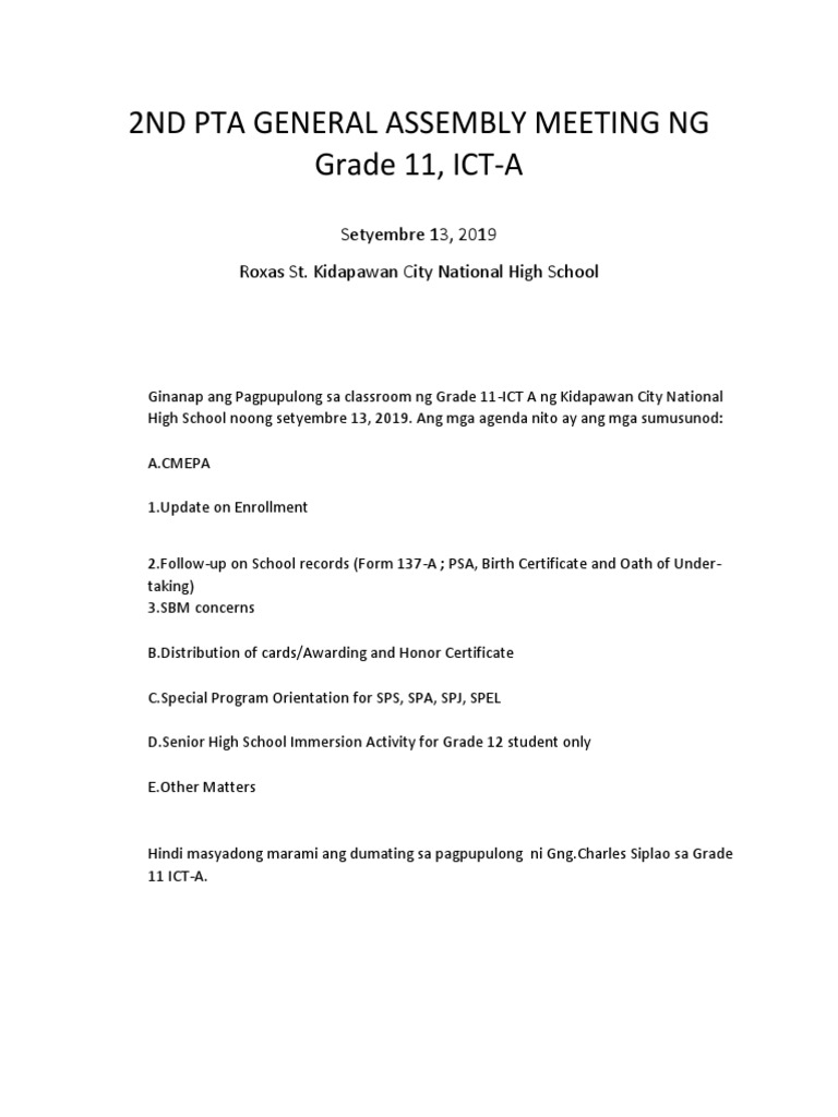 2Nd Pta General Assembly Meeting NG Grade 11, ICT-A: Setyembre 13, 2019 ...