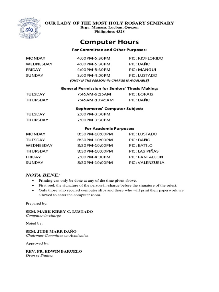 Computer Hours: Our Lady of The Most Holy Rosary Seminary | PDF