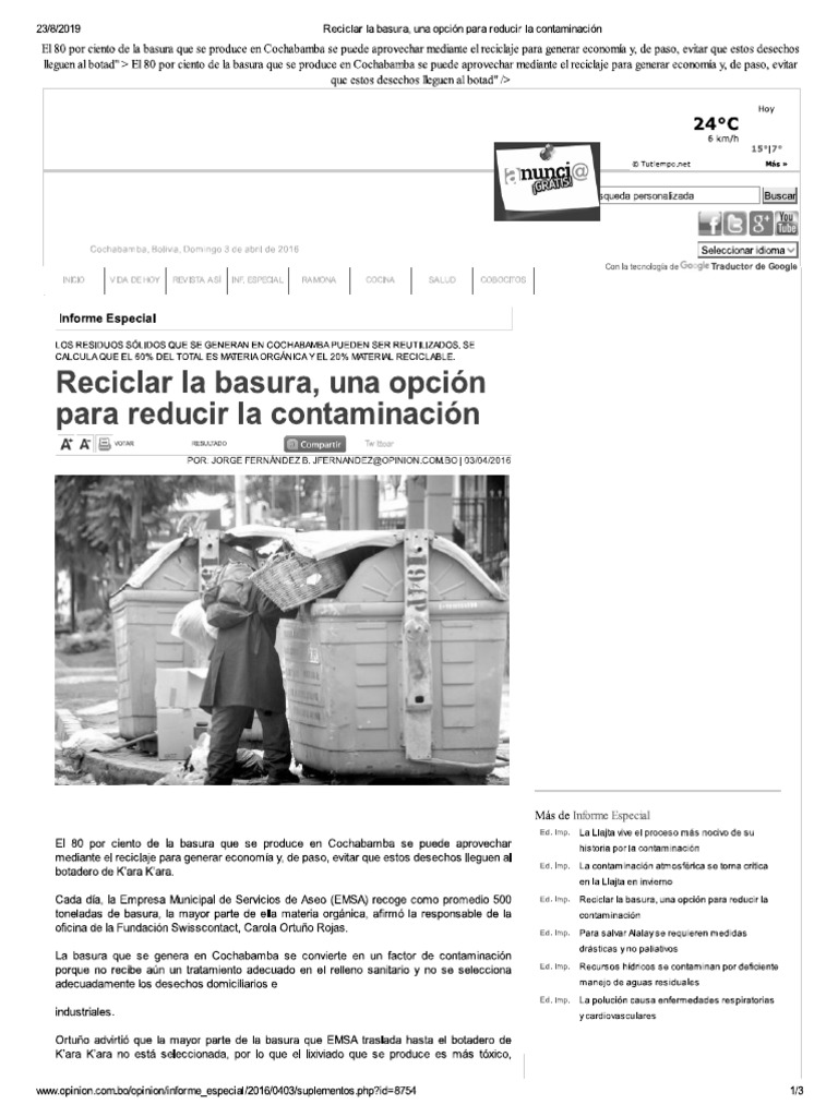 Reciclar La Basura, Una Opción para Reducir La Contaminación PDF | PDF