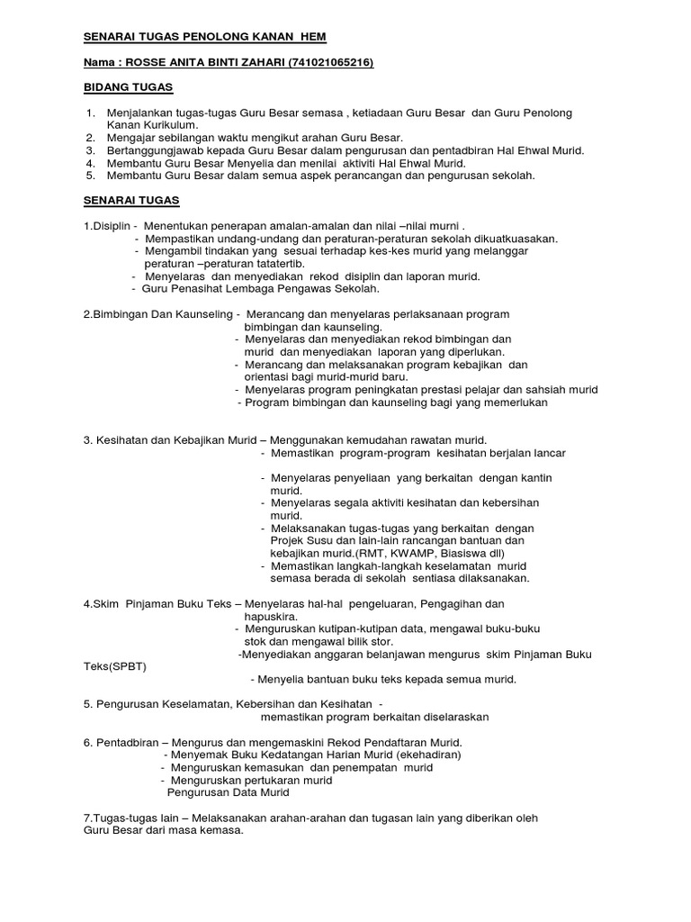 Senarai Tugas Penolong Kanan Hem Pdf