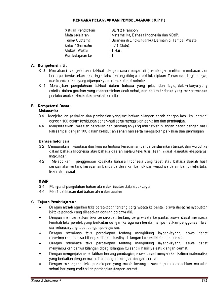 Rpp Tema 2 Subtema 4 Kelas 2 Kurikulum 2013 Revisi 2017