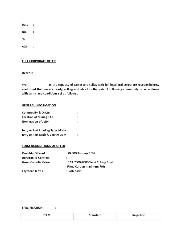 Full Corporate Offer for Coal Sale | PDF