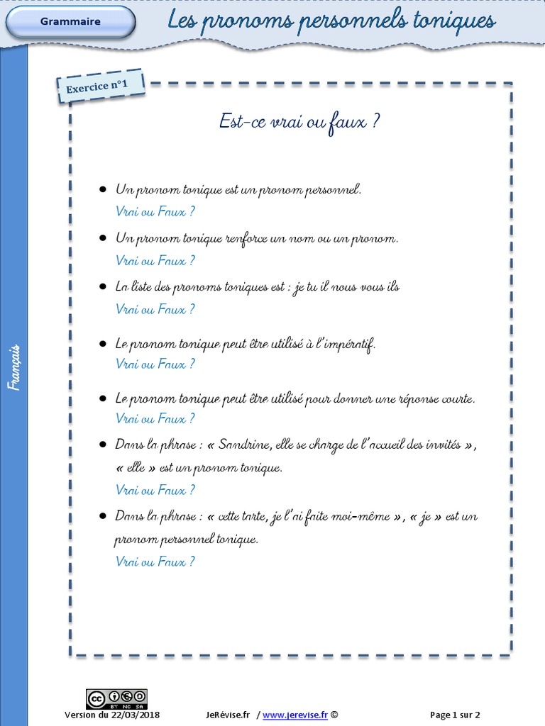 Exercices Sur Les Déterminants Et Les Pronoms 5ème Pdf Exercice Pronom Personnel Tonique | PDF
