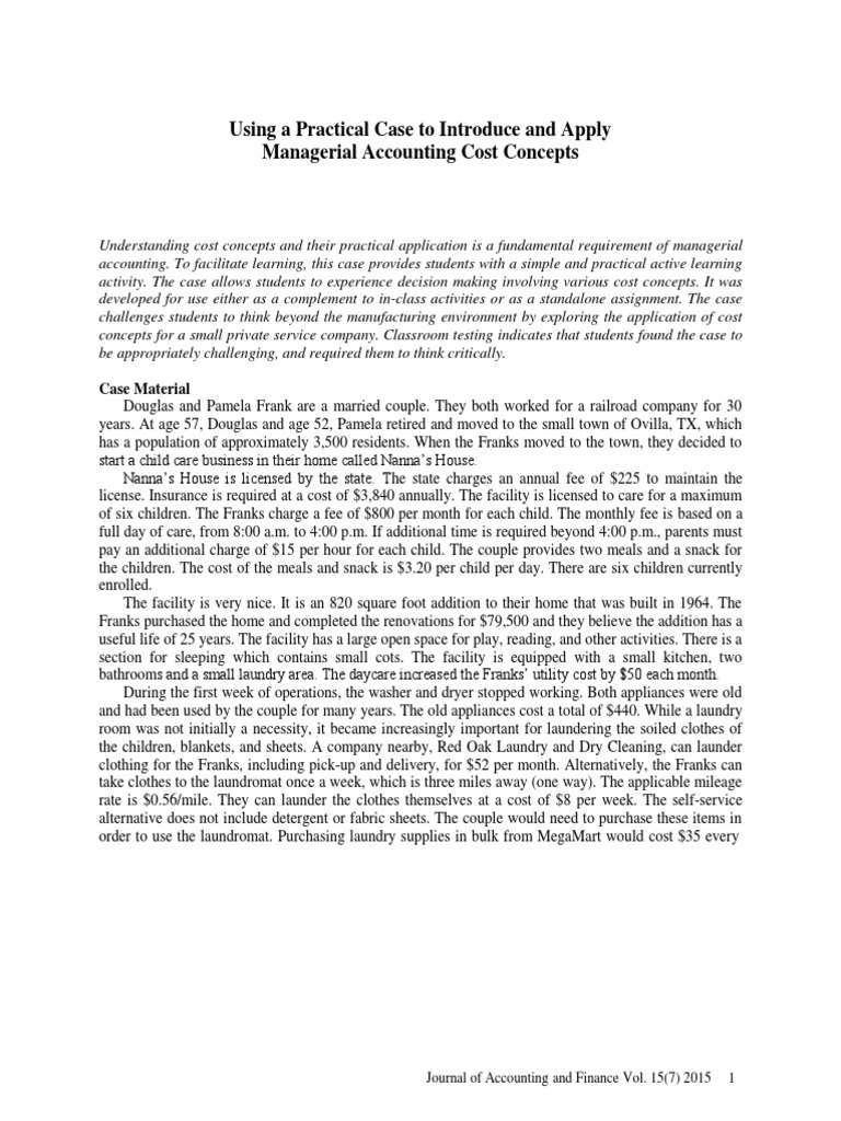 Using A Practical Case To Introduce And Apply Managerial Accounting