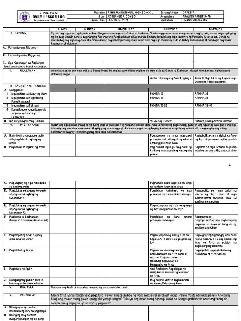 DLL Format Araling Panlipunan | PDF