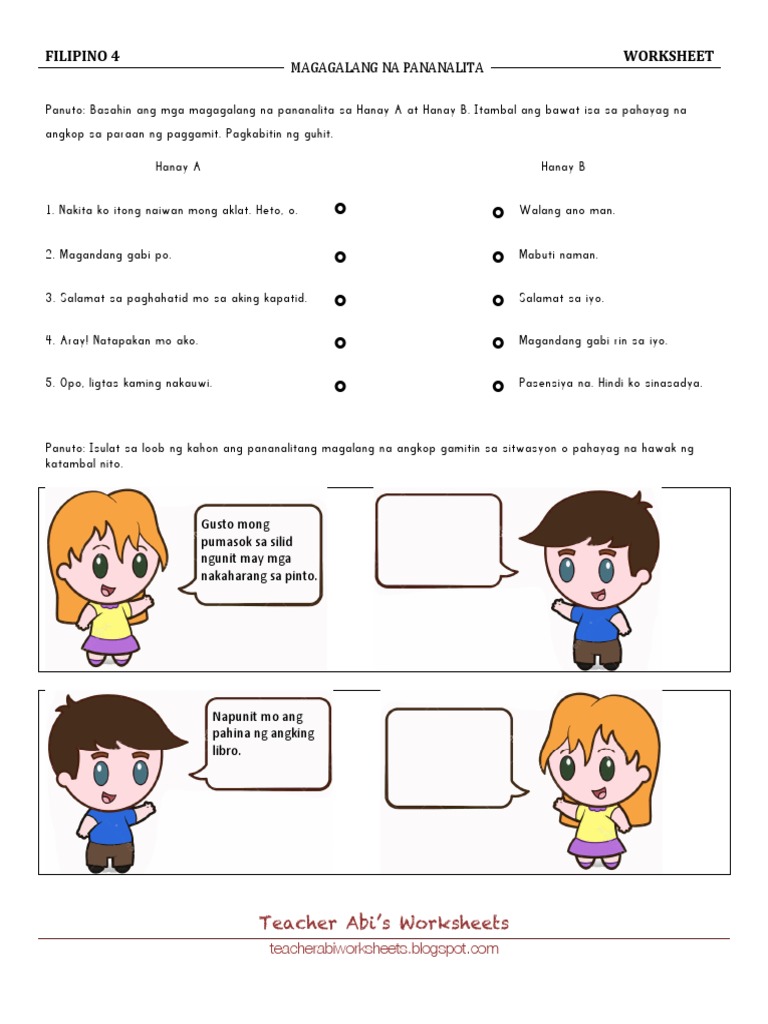 Filipino 4 Worksheet: Magagalang Na Pananalita