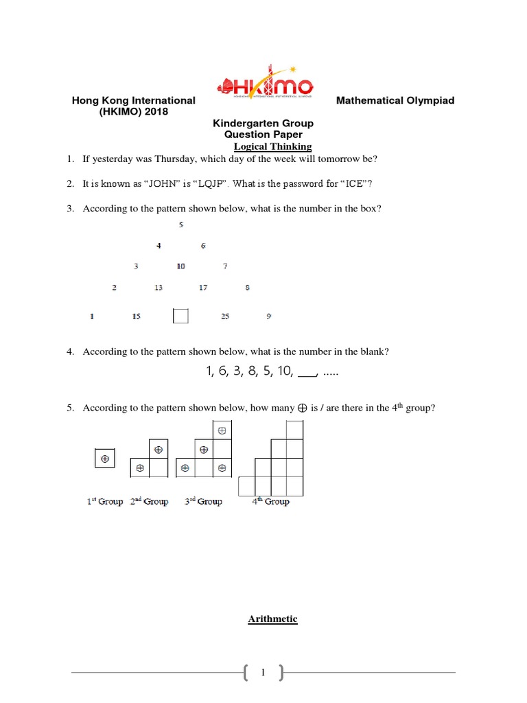 HKIMO 2018 Kindergarten Question Paper | PDF | Numbers | Elementary ...