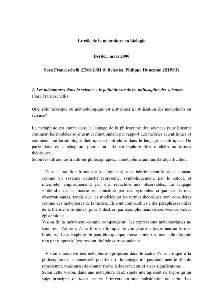 Le Rôle de La Métaphore en Biologie | PDF | Métaphore | Théorie
