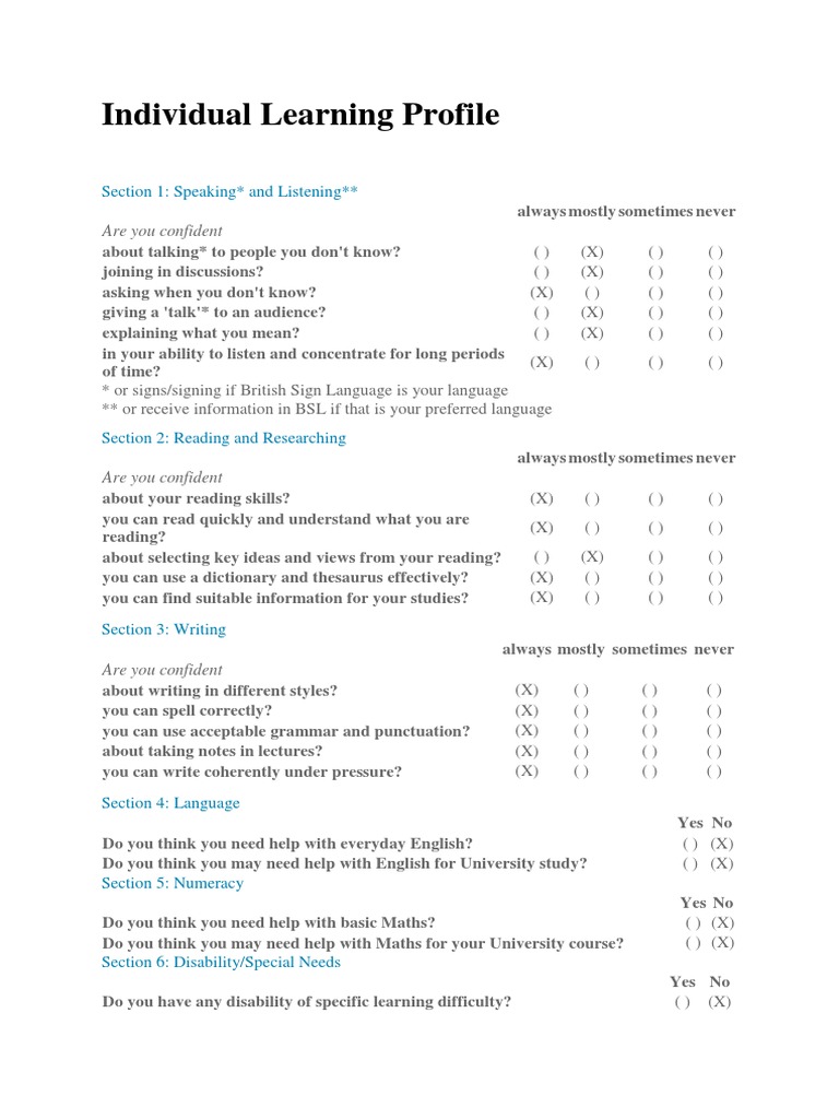 Individual Learning Profile: Section 1: Speaking and Listening | PDF ...