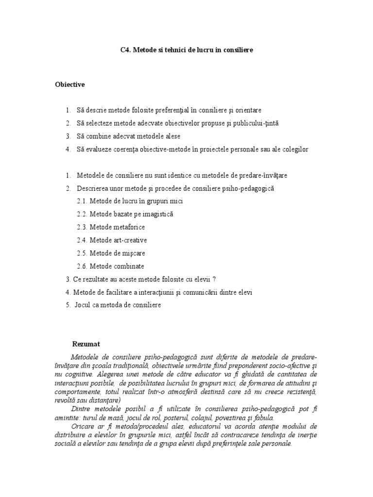 C4 Metode Si Tehnici De Lucru In Consiliere
