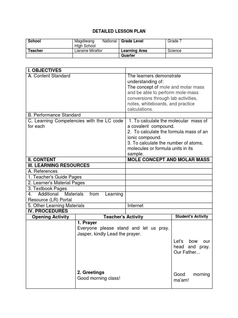 Molar Mass and Mole Concept Lesson Plan | PDF | Molecules | Molecular Mass