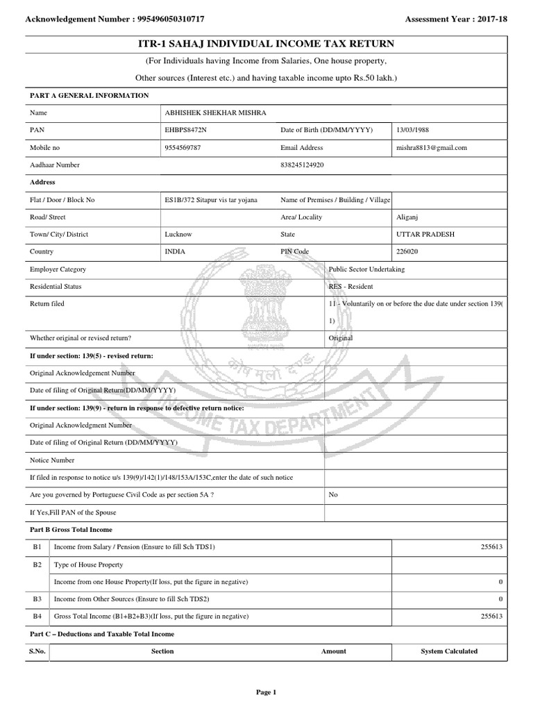 2017-18 ITR-1 Income Tax Return Summary | PDF | Taxation | Personal Finance